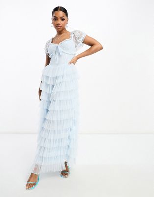 Amy Jane London Sofia lace tiered maxi dress in light blue - ASOS Price Checker