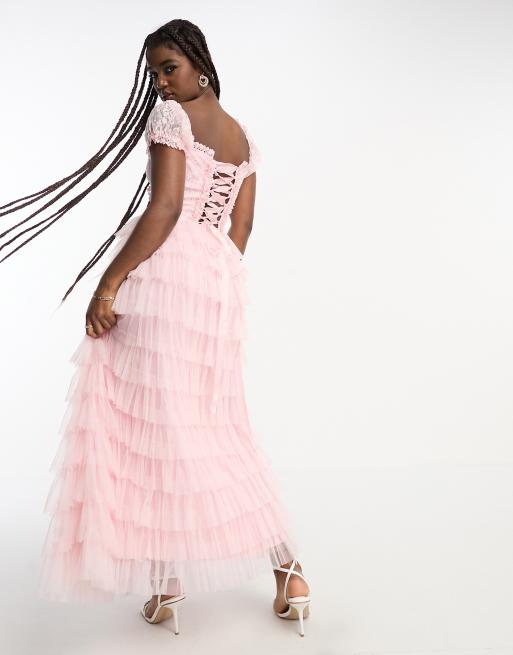 Amy Jane London Sofia lace tiered maxi dress in light pink, 2 of 4