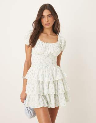 Wisteria corset waist tiered mini dress in rosebud-Multi