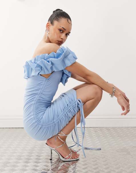 Amy Lynn 3D bardot ruched mini dress in blue - view 1