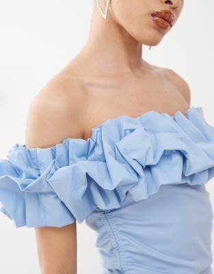 Amy Lynn 3d Bardot Ruched Mini Dress In Blue