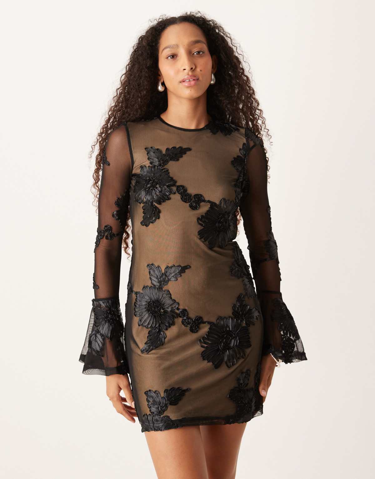 Amy Lynn 3D bell sleeve mini dress with cut out back in black