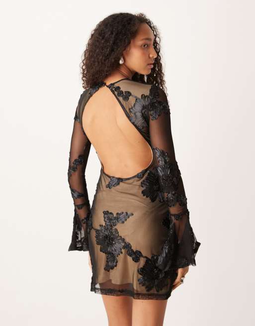 Amy Lynn 3D bell sleeve mini dress with cut-out back in black, 4 of 4