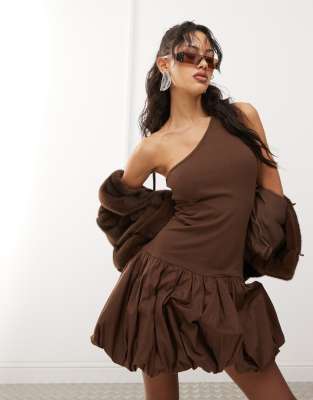 Alexa one shoulder mini dress in chocolate-Brown