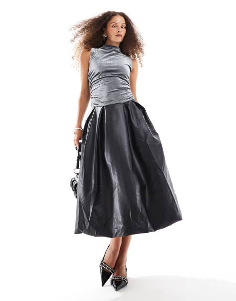 Amy Lynn Alexa PU midi dress in charcoal velvet 