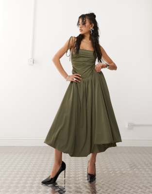 Amy Lynn Alexa puffball midi dress with bodice rhinestone in khaki