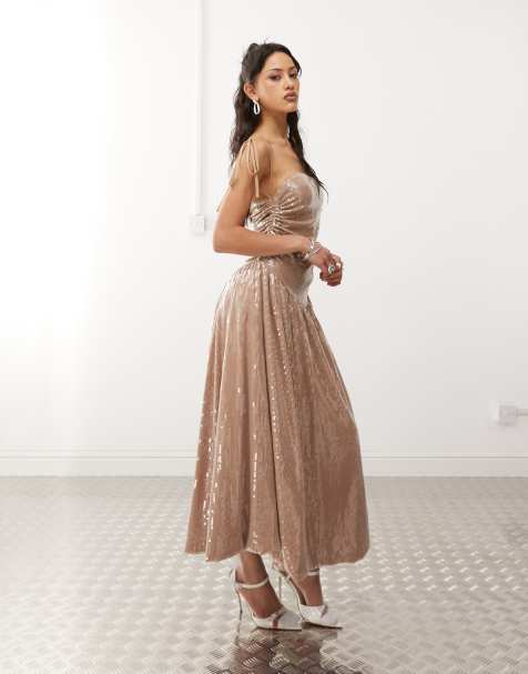 Amy Lynn Alexa puffball sequin midi dress in light brown - view 1