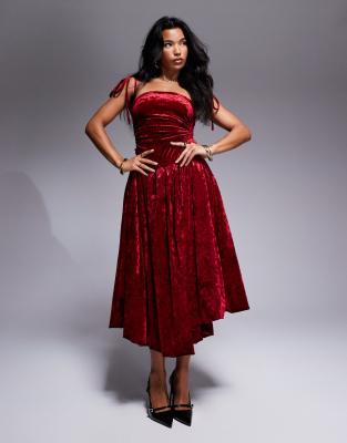 Alexa puffball shoulder tie midi dress in velvet in red