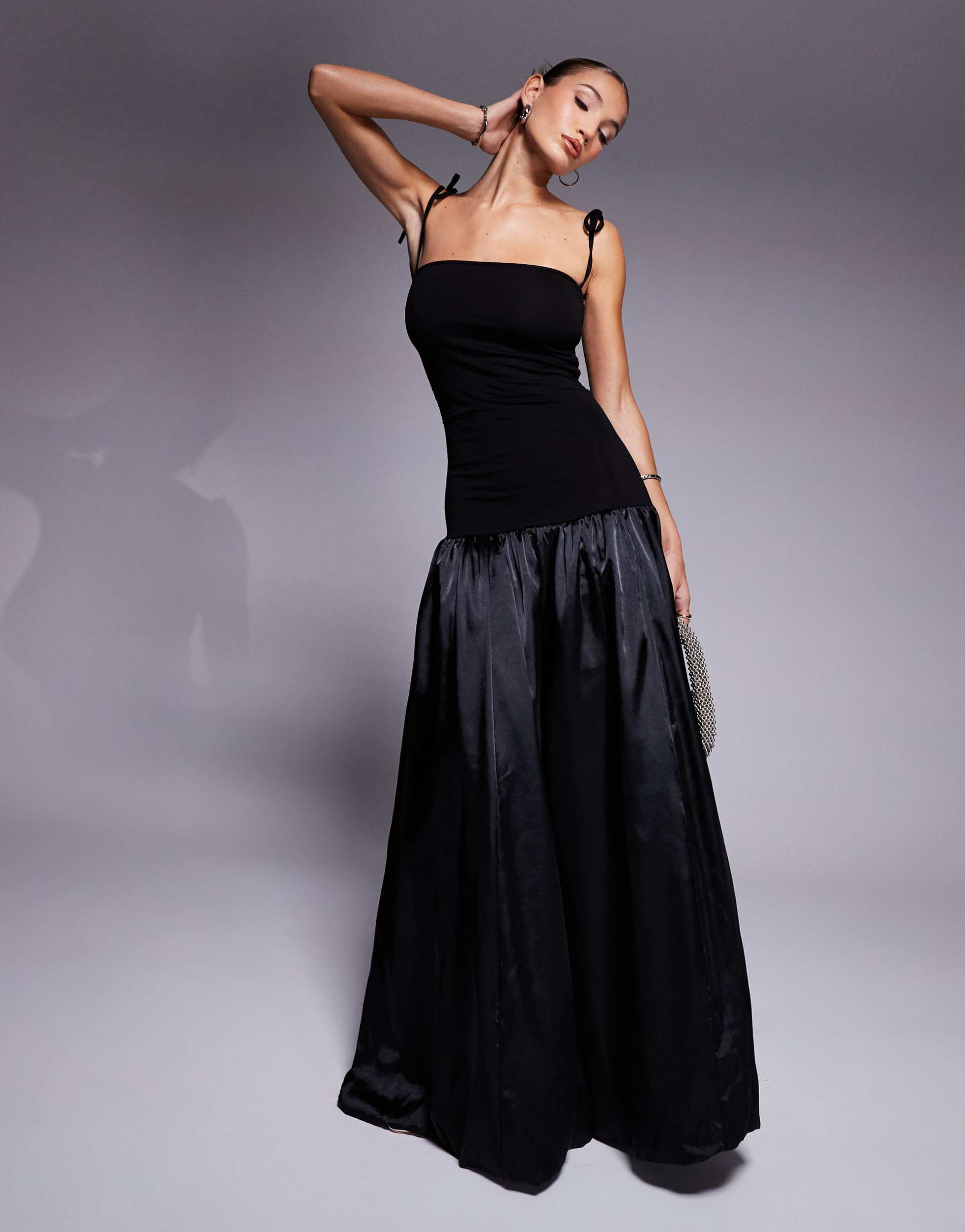 amy lynn alexa satin shoulder tie maxi dress in black