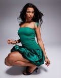 [Amy Lynn] Amy Lynn Alexa satin tie shoulder puffball ultra mini dress in emerald green 6 Emerald Green