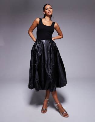 Alexa scoop back puffball midi dress with PU skirt in black