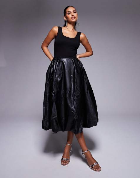 Amy Lynn Alexa scoop back puffball midi dress with PU skirt in black - view 1