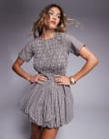 [Amy Lynn] Amy Lynn Alexa shirred puffball ultra mini dress in chocolate and white gingham-Brown 6 Chocolate gingham