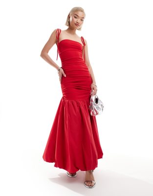 Amy Lynn Alexa shoulder tie fishtail midi dress in cherry red