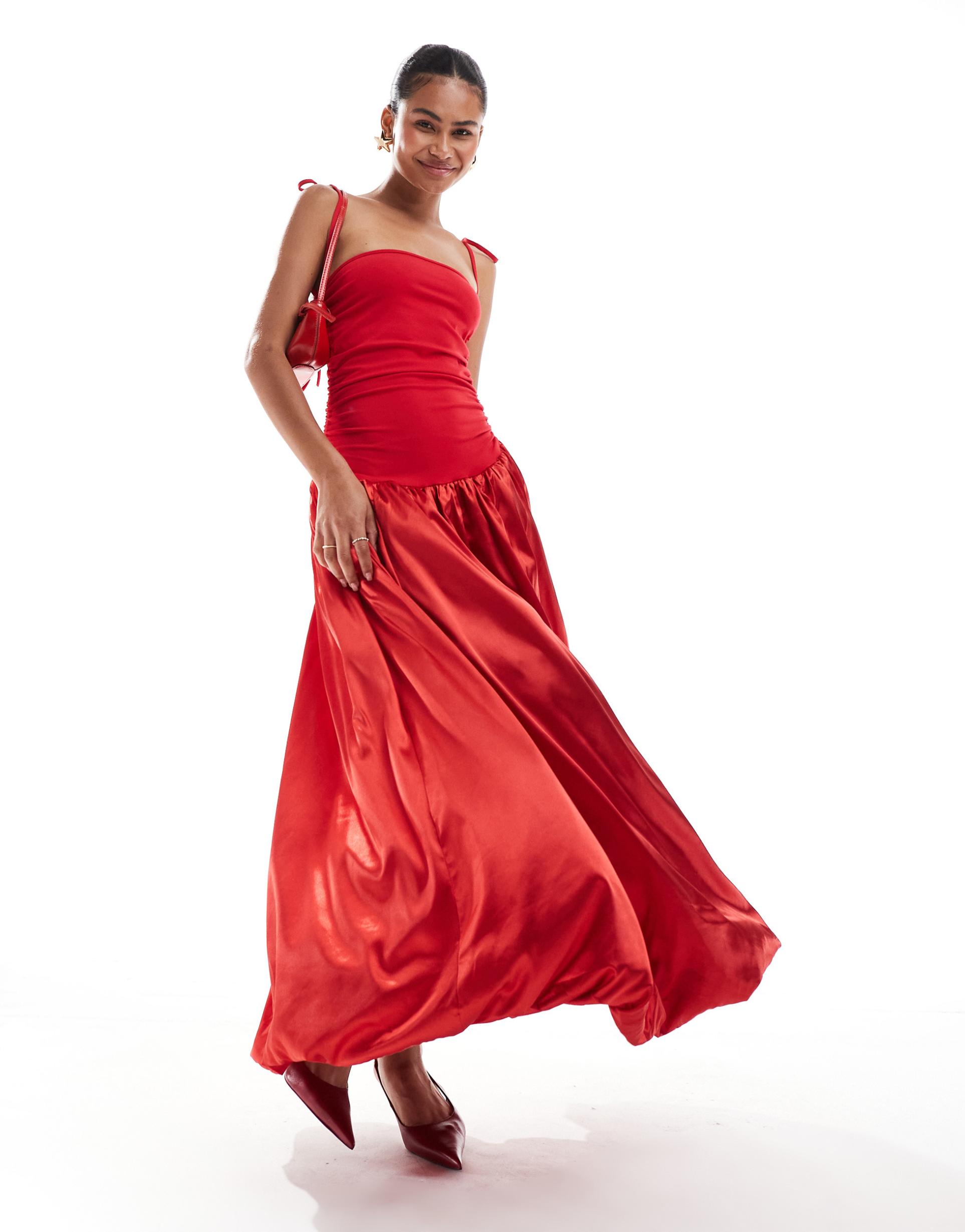 amy lynn alexa shoulder tie maxi dress in red satin