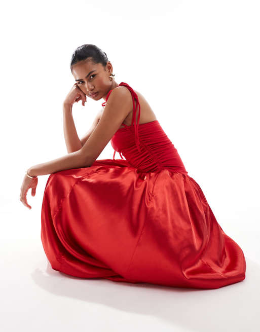 Amy Lynn Alexa shoulder tie maxi dress in red satin