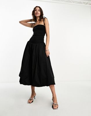Shop Amy Lynn Alexa Shoulder Tie Puffball Midi Dress In Black