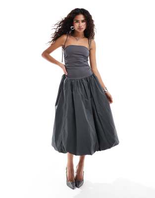 Alexa shoulder tie midi dress in charcoal-Gray