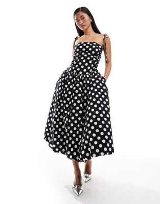 Amy Lynn Alexa shoulder tie midi dress in mono polka dot