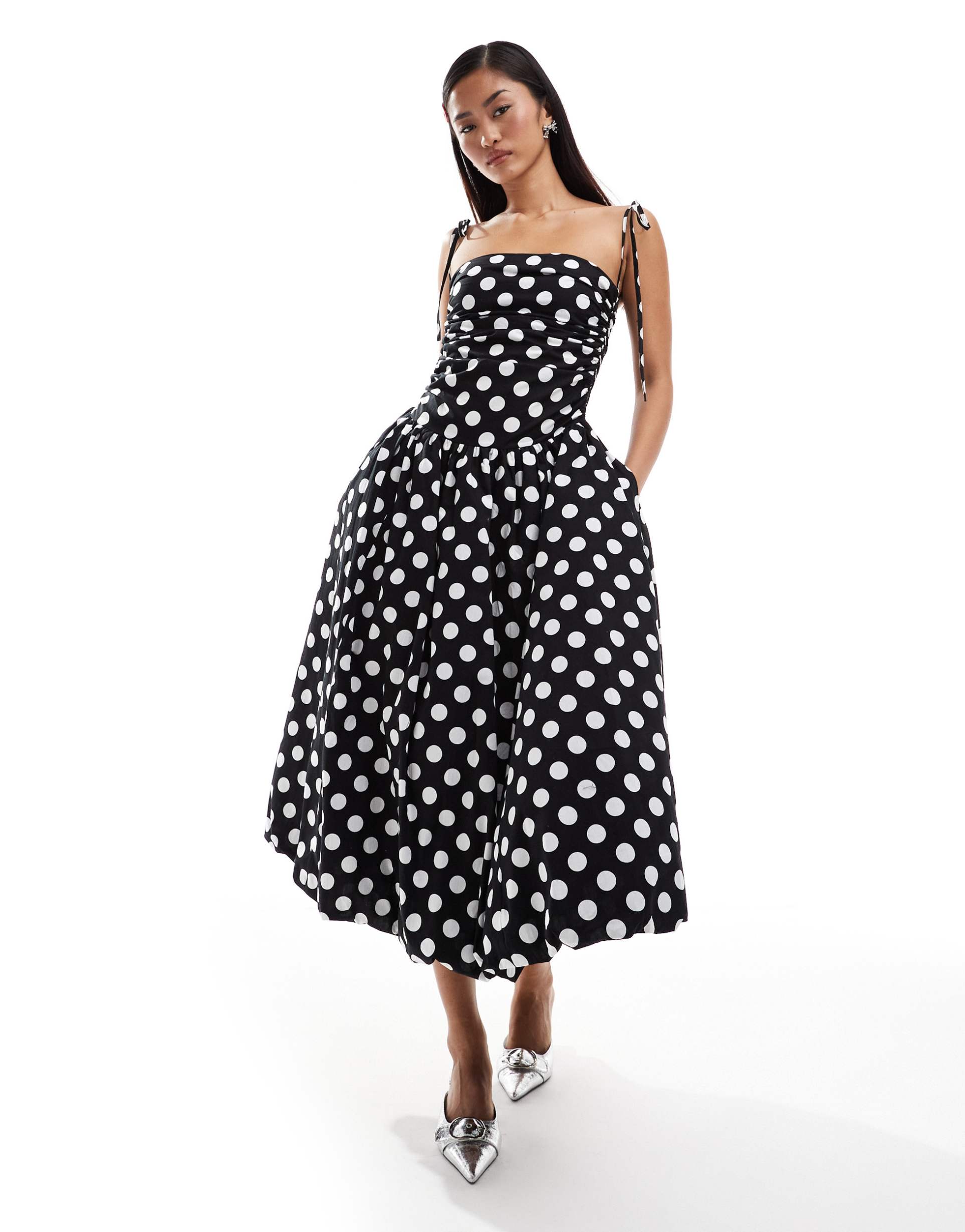 amy lynn alexa shoulder tie midi dress in mono polka dot