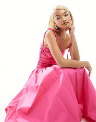 Amy Lynn Amy Lynn Alexa shoulder tie puffball midi dress in bubblegum pink