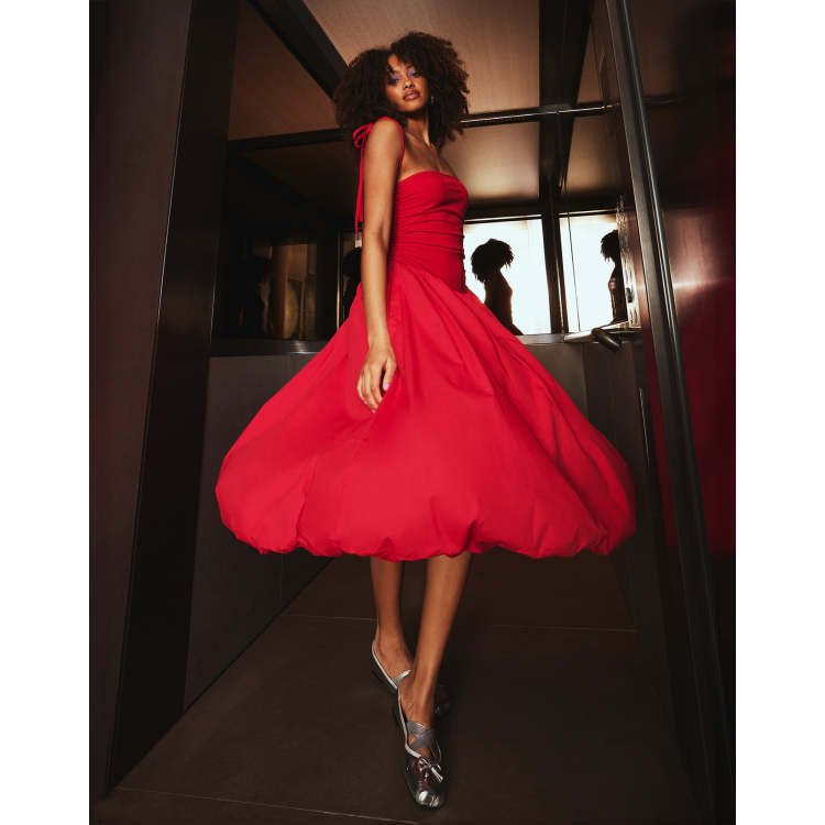 Amy Lynn Alexa shoulder tie puffball midi dress in cherry red ASOS