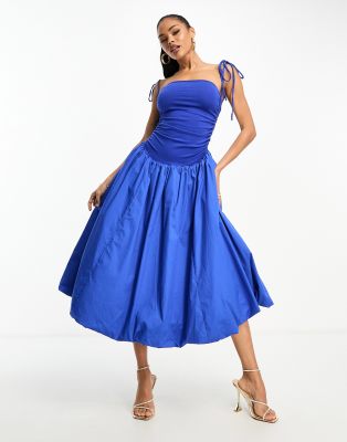 Amy Lynn Alexa shoulder tie puffball midi dress in cobalt-Blue