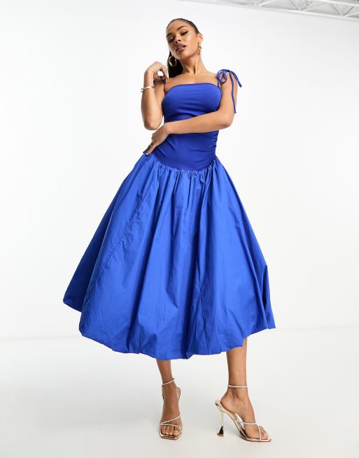 Amy Lynn Alexa shoulder tie puffball midi dress in cobalt, 3 of 4