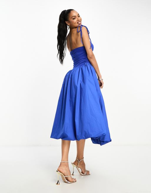 Amy Lynn Alexa shoulder tie puffball midi dress in cobalt, 4 of 4