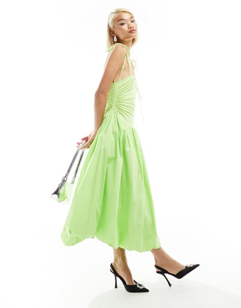 Amy Lynn Alexa shoulder tie puffball midi dress in lime - view 1