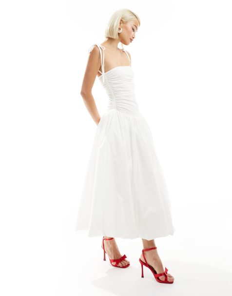 Amy Lynn Alexa shoulder tie puffball midi dress in white - view 1