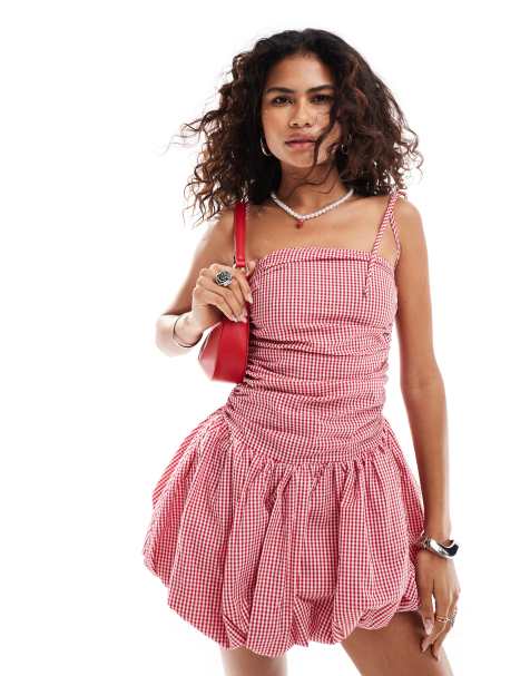 Amy Lynn Alexa shoulder tie ultra mini dress in red & white gingham - view 1
