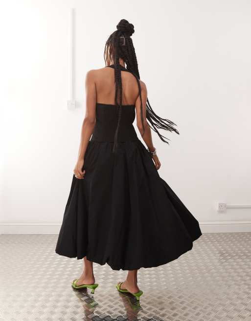 Amy Lynn Alexa tailored halter neck bubble midi dress in black, 2 of 4
