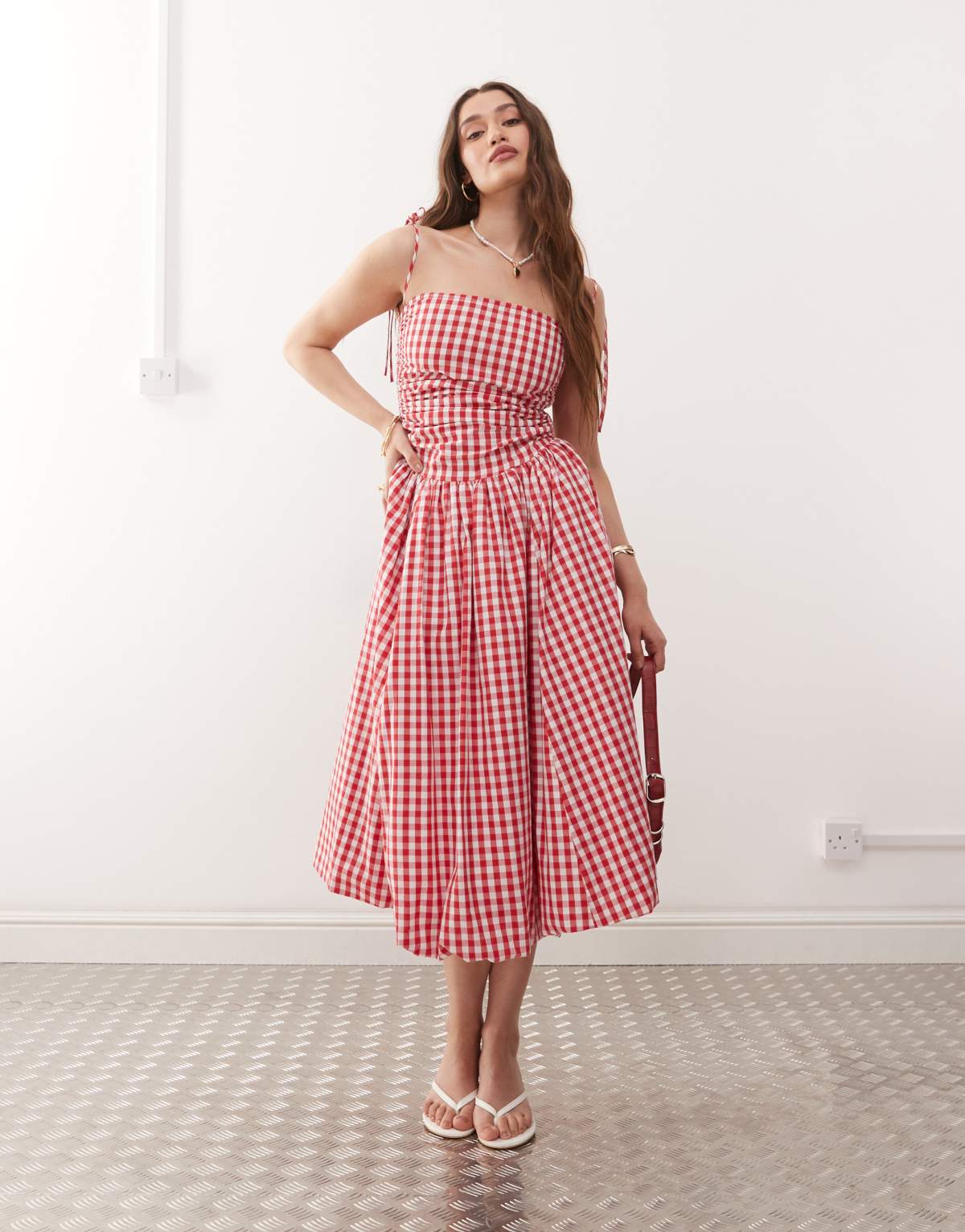 Amy Lynn Alexa tie shoulder puffball midi dress in red gingham