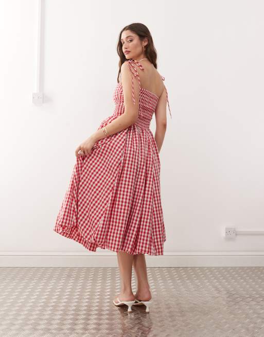 Amy Lynn Alexa tie shoulder puffball midi dress in red gingham