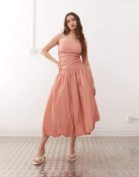 Amy Lynn Alexa tie shoulder puffball nylon midi dress in tawny