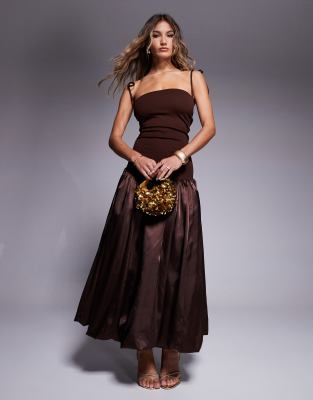 Amy Lynn Alexa tie shoulder satin puffball midi dress in chocolate