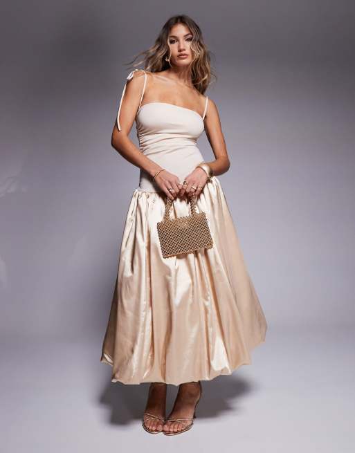 Amy Lynn Alexa tie shoulder satin puffball midi dress in milk