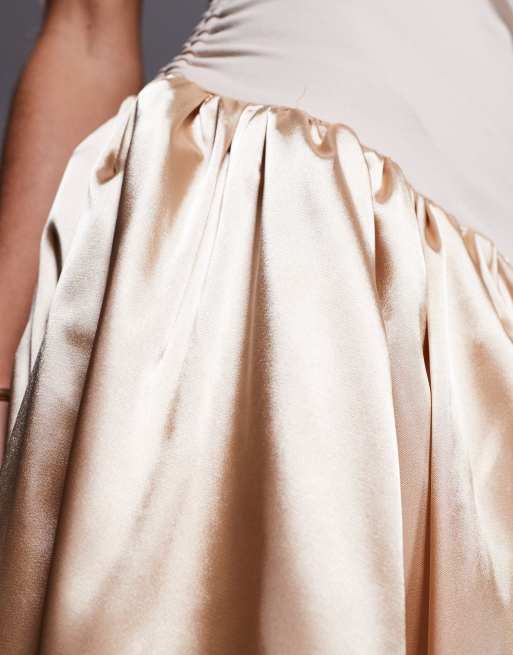 Amy Lynn Alexa tie shoulder satin puffball midi dress in milk