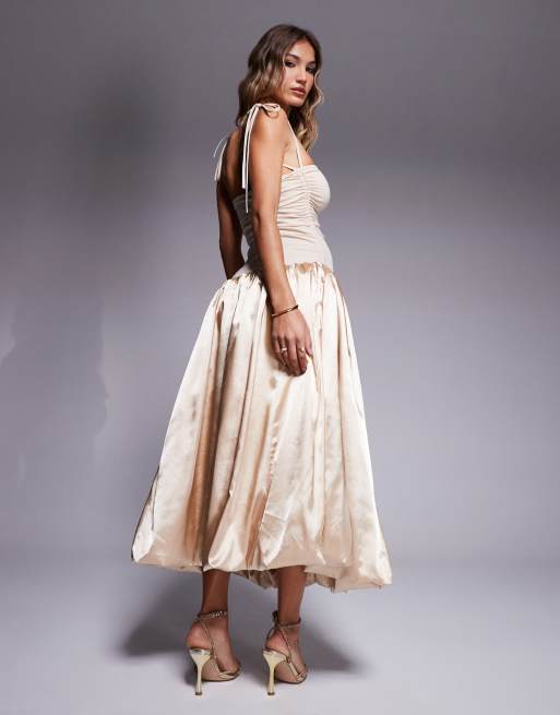 Amy Lynn Alexa tie shoulder satin puffball midi dress in milk