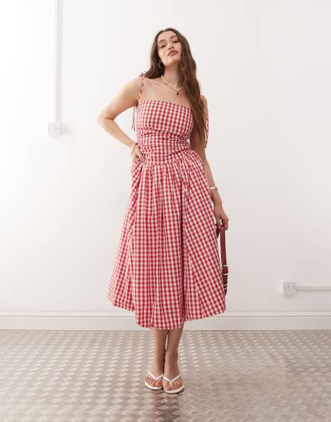 Amy Lynn - Alexa - Vestito midi a palloncino con spalline annodate rosso a quadretti - view 1