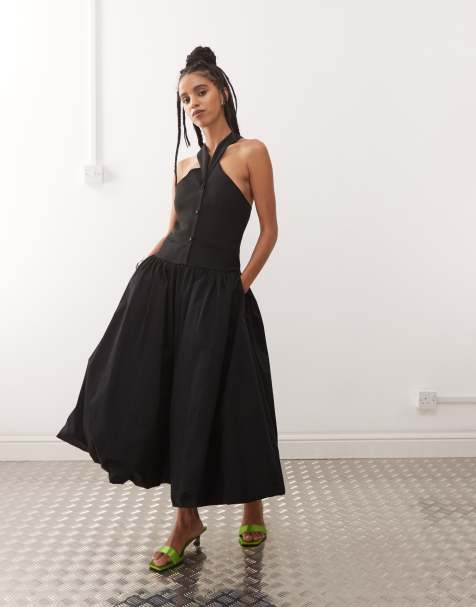 Amy Lynn - Alexa - Vestito midi sartoriale a palloncino nero allacciato al collo - view 1