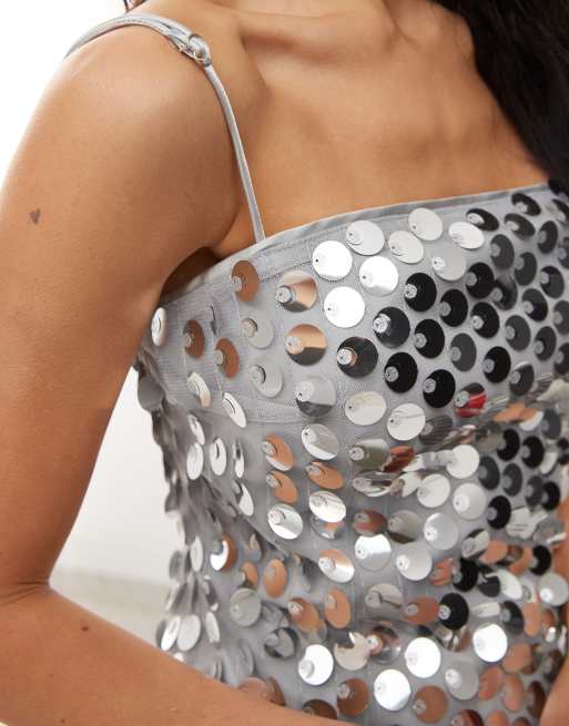 Amy Lynn allover disc sequin bandeau midi dress in silver