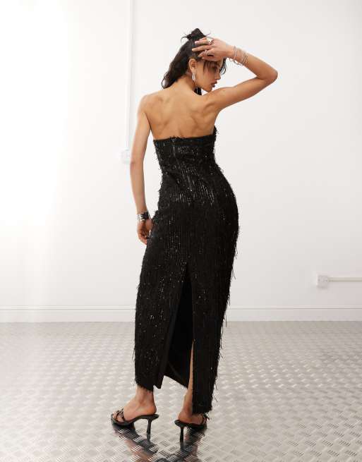 Amy Lynn Allover Fringe Sequin Bandeau Midi Dress in Black