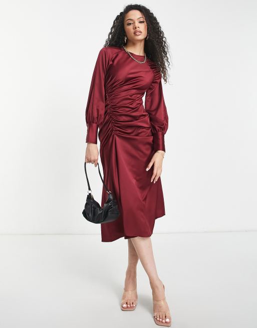 Amy Lynn Amelia ruched asymmetrical satin midi dress in wine | ASOS