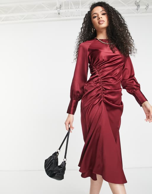 Amy Lynn Amelia ruched asymmetrical satin midi dress in wine ASOS