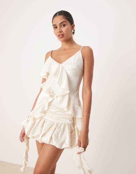 Amy Lynn asymmetric ruffle longline cami top co-ord in ecru satin - view 1