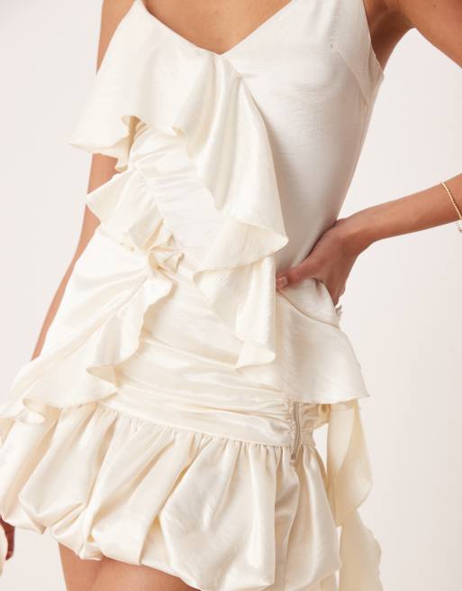 Amy Lynn asymmetric ruffle longline cami top co-ord in ecru satin, 4 of 4