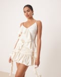 [Amy Lynn] Amy Lynn asymmetric ruffle longline cami top in ecru satin (Part of a set)-Neutral 12 Ecru
