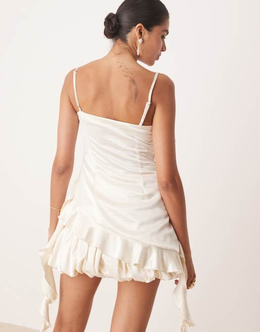 Amy Lynn asymmetric ruffle longline cami top in ecru satin - part of a set, 2 of 4
